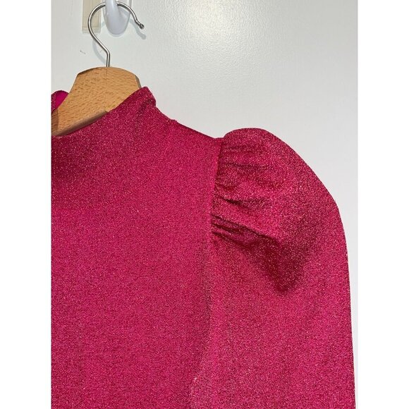 Alice and Olivia Issa Hot Pink Glitter Women's Size S Puff Sleeve Turtleneck Min - Picture 4 of 11